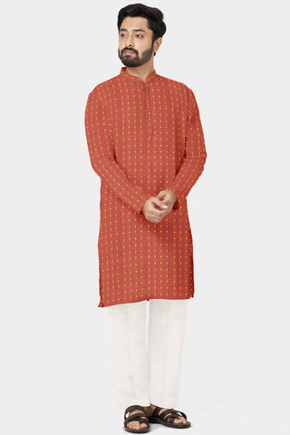 Chinese Collar Placket Ochre Red Dobby Cotton Long Kurta