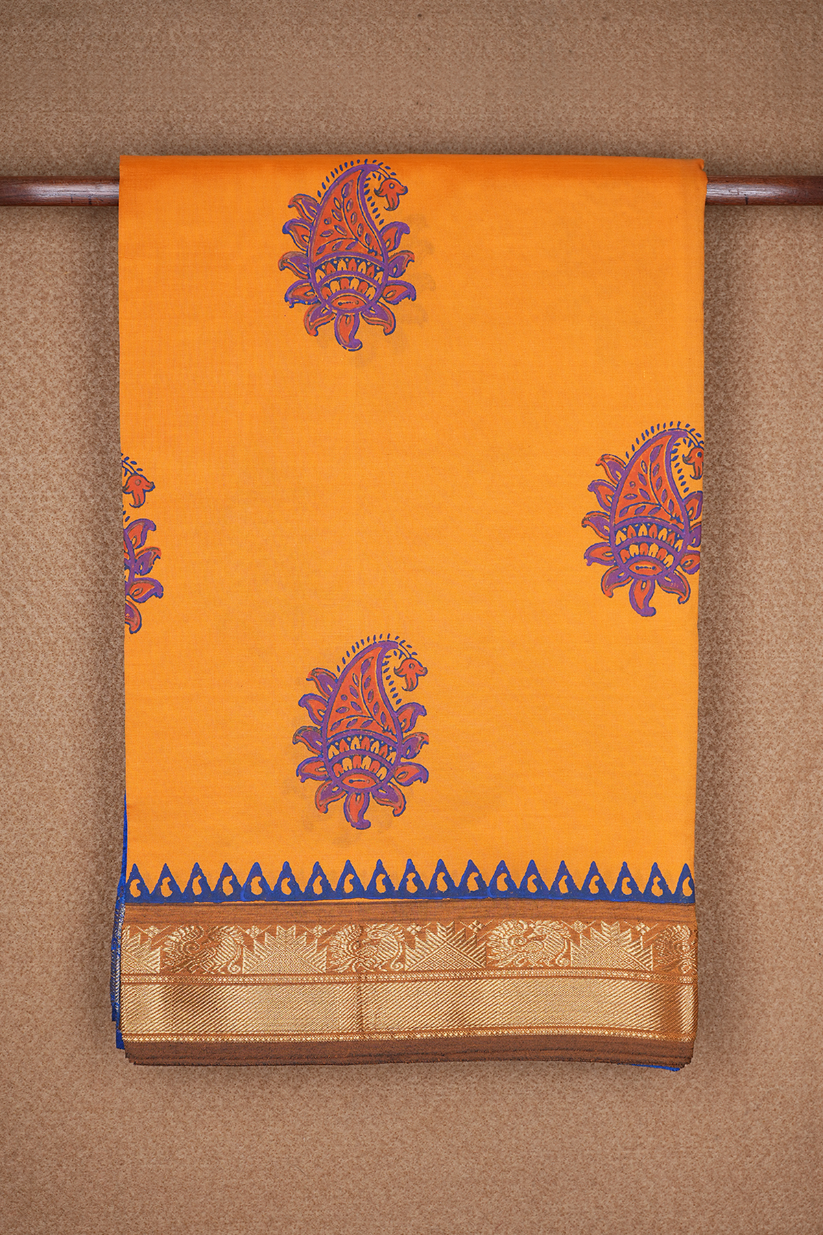 Paisley Printed Motifs Marigold Orange Poly Cotton Saree