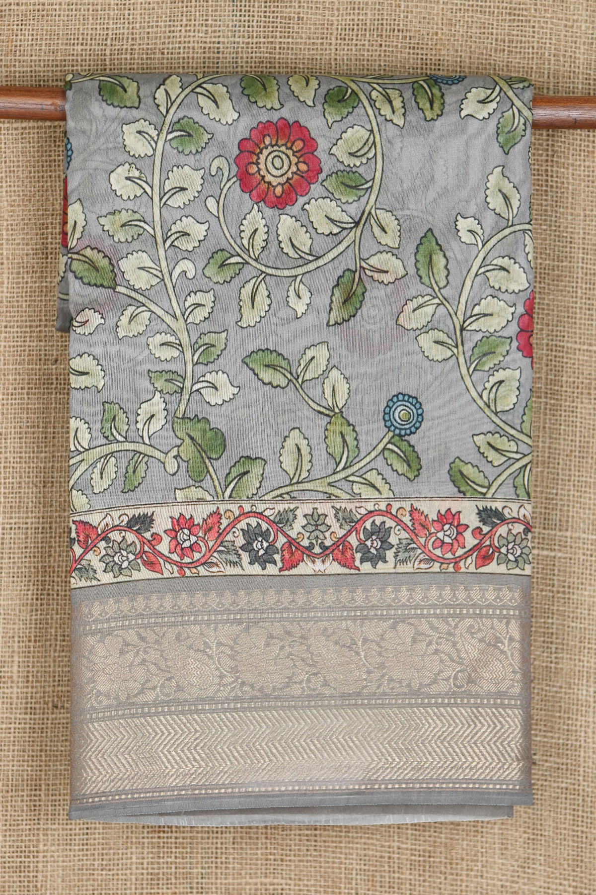 Paisley Zari Border With Digital Floral Printed Grey Kalamkari Printed Chanderi Cotton Saree