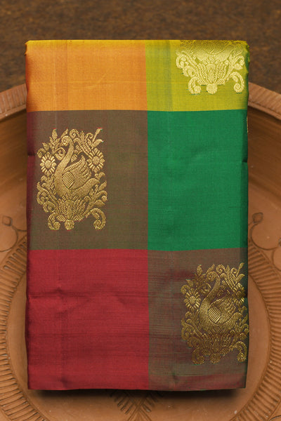 Prashanti - Charming mix of Green, Yellow, Red & Orange in Paalum Pazhamum  checks pattern turns this Silk Cotton Saree a Classical Beauty! A contrast  Red Pallu with simple Zari border adds