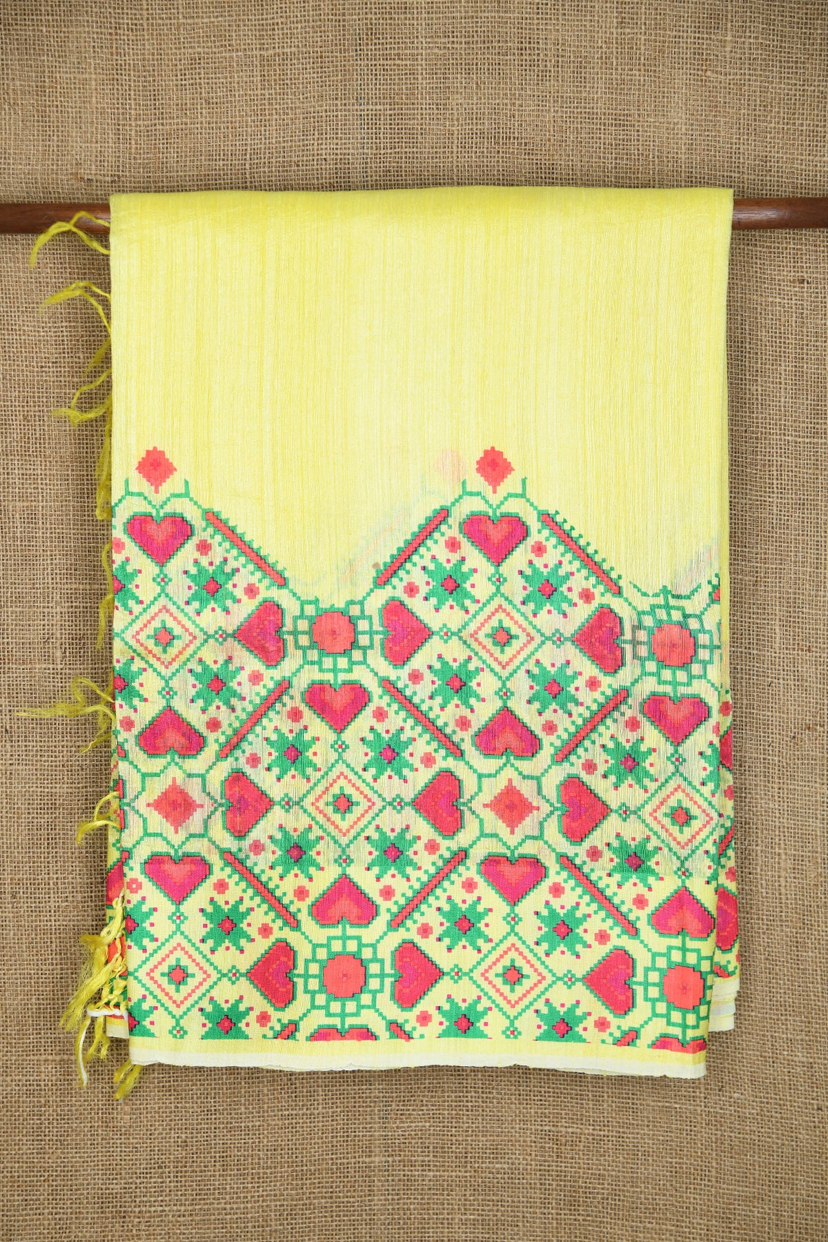 Patola Design Triangle Border In Plain Lemon Yellow Linen Tussar Silk Saree