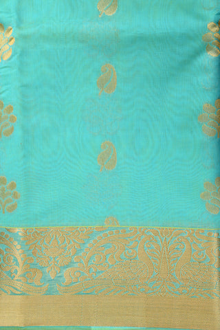 Peacock Border Design Light Teal Blue Kora Silk Cotton Saree