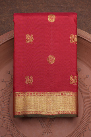 Peacock And Chakram Motifs Ruby Red Kanchipuram Silk Saree