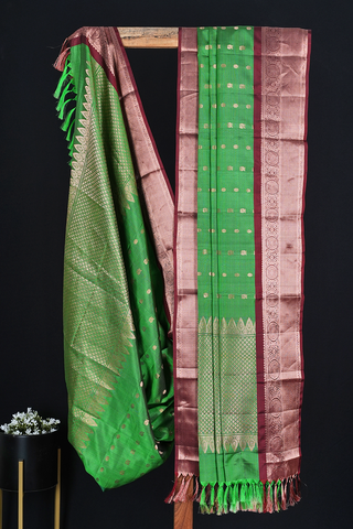 Peacock Floral Zari Buttis Green Kanchipuram Silk Dupatta