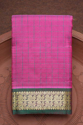 Peacock Zari Border With Threadwork Checks Magenta Kanchipuram Silk Saree