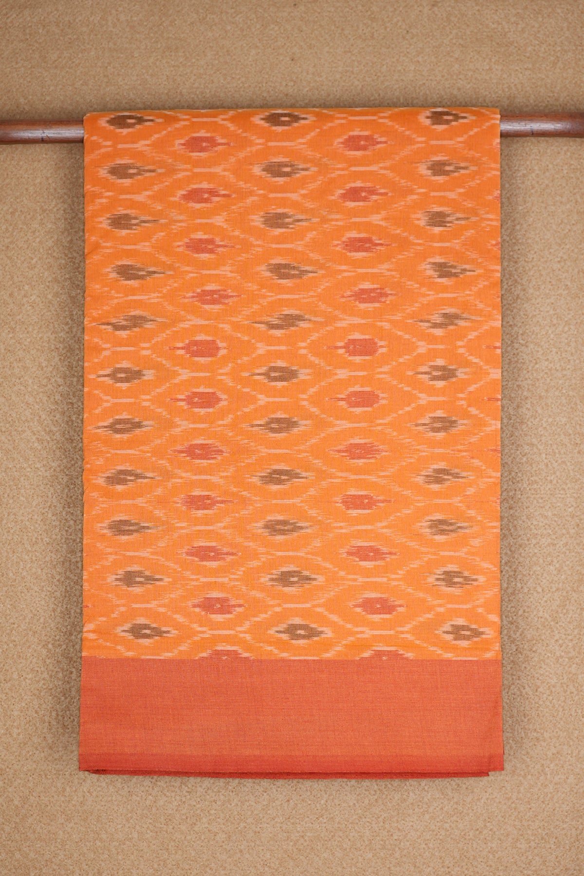 Plain Border Ikat Design Orange Pochampally Cotton Saree