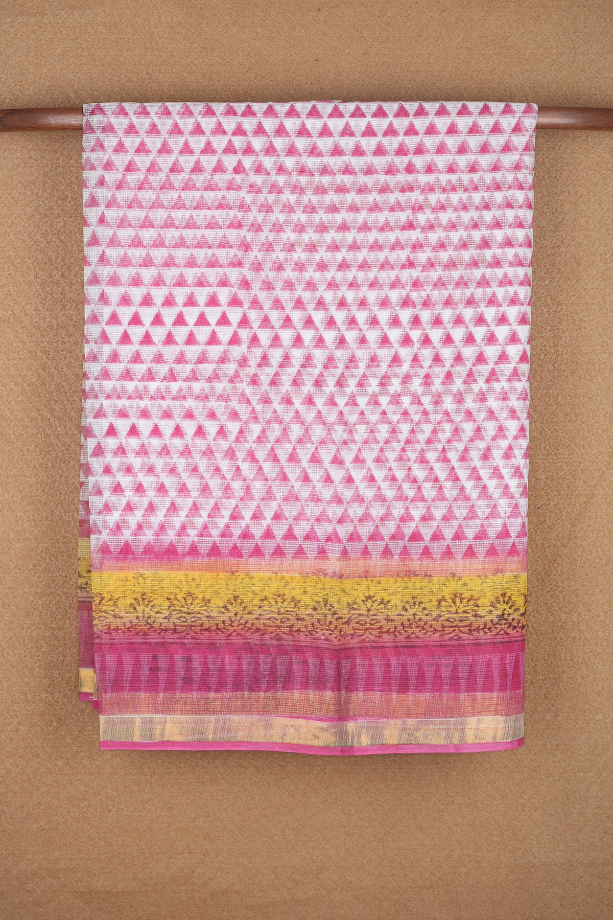 Printed Triangle Design White And Pink Kota Cotton Saree