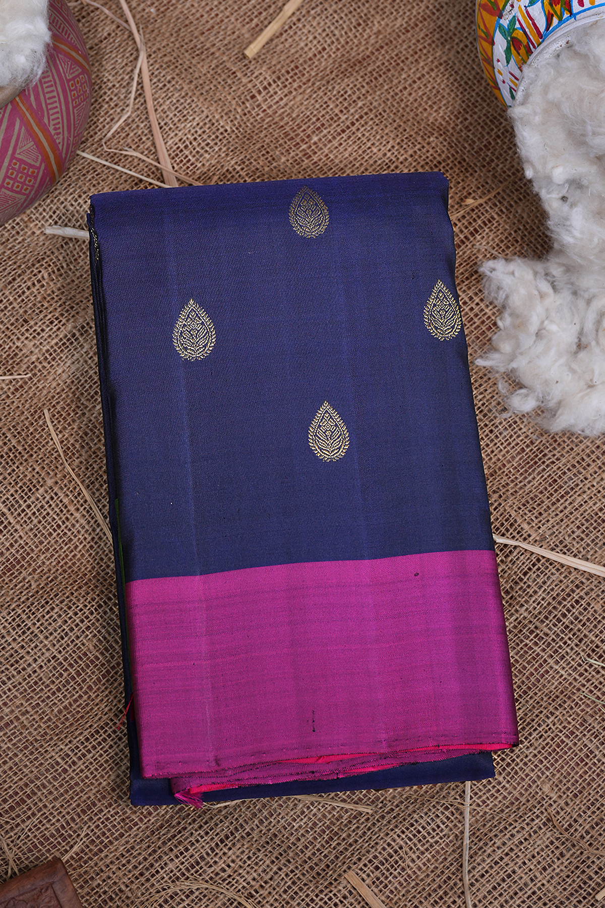 Navy Blue & Pink Floral Woven Kanjivaram Silk Saree