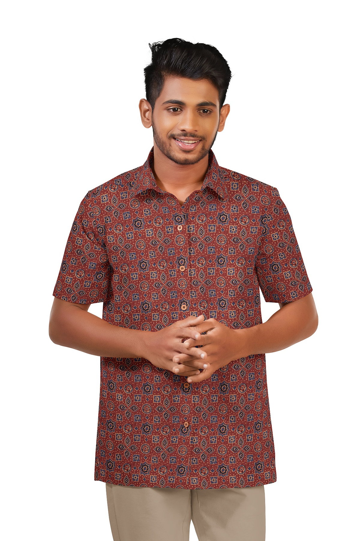 Regular Collar Brown Printed Silk Shirt