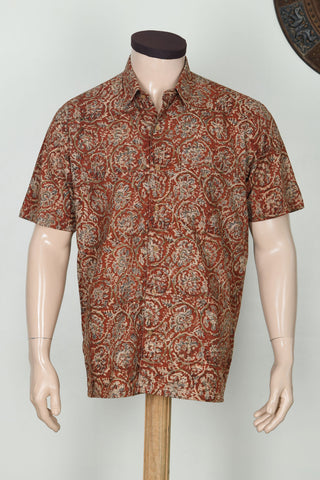 Regular Collar Kalamkari Printed Maroon Cotton Shirt