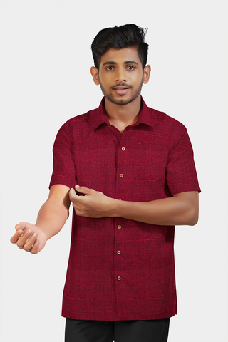 Regular Collar Plain Cherry Red Raw Silk Shirt