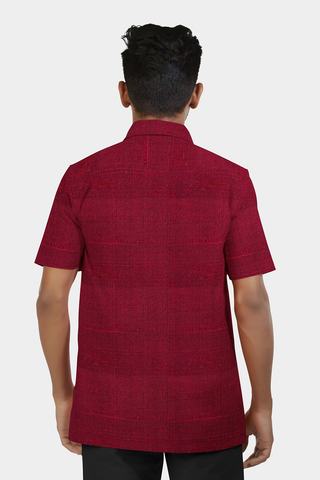 Regular Collar Plain Cherry Red Raw Silk Shirt