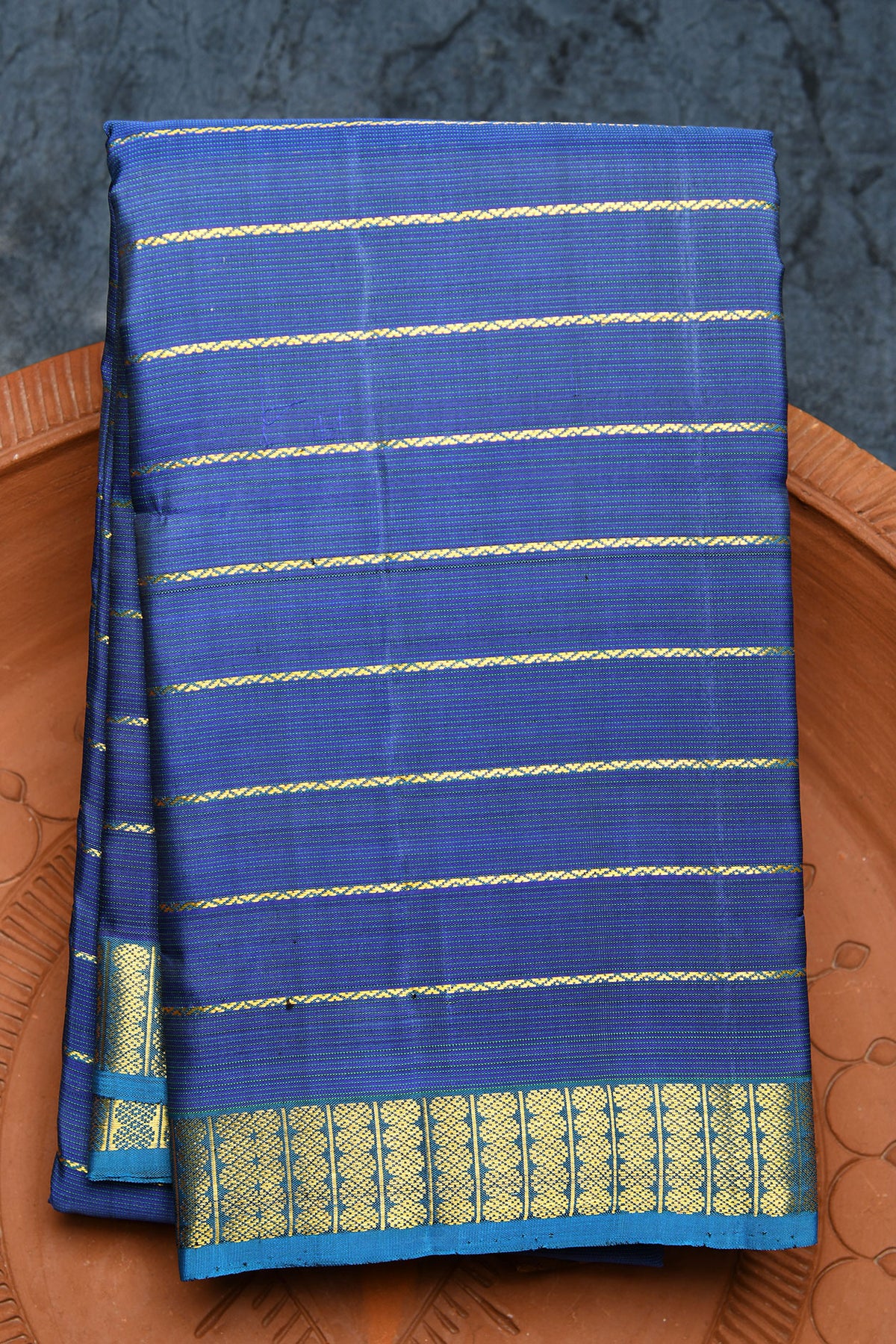 Rudraksh Zari Border Veldhari Striped Cobalt Blue Kanchipuram Silk Saree