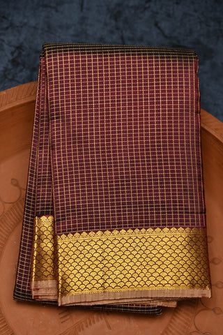 Zari Border With Checks Chocolate Brown Kanchipuram Silk Saree