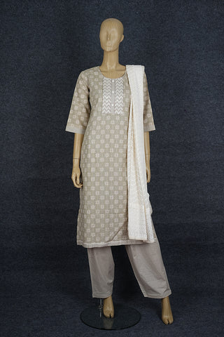 Printed Cotton Green Beige Suit Set With Lucknow Work Dupatta