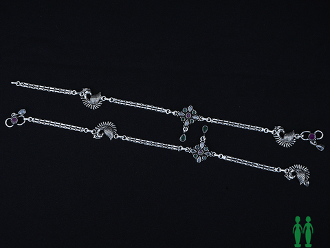 Pair Of  Kemp Stones Floral Design Silver Anklets