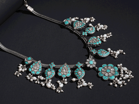 Turquoise Stone With Beads Oxidized Silver Necklace