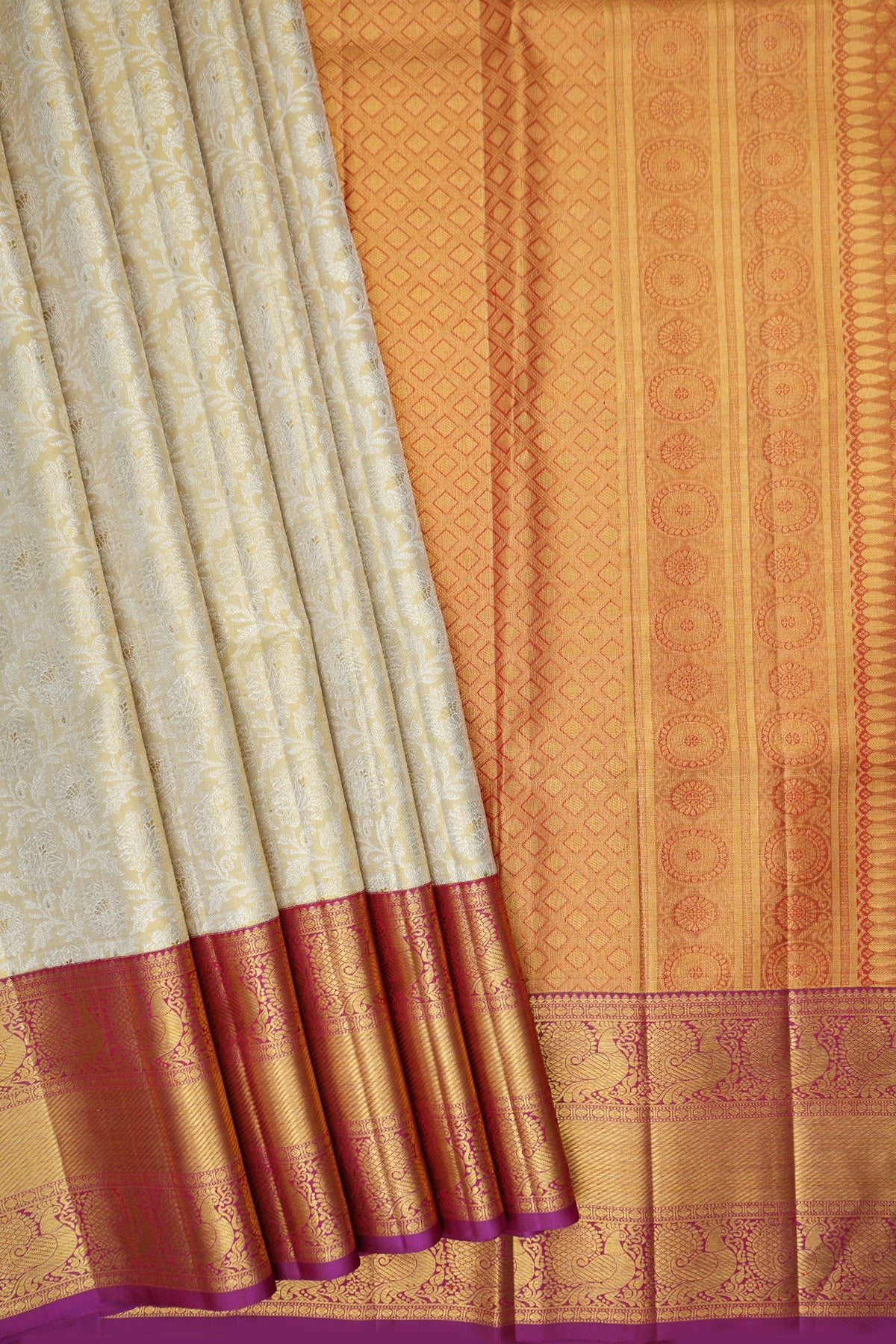 Silver Zari And Threadwork Allover Jaal Floral Design Pastel Yellow Kanchipuram Silk Saree