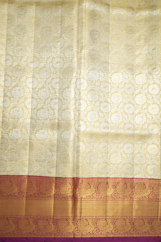 Silver Zari And Threadwork Allover Jaal Floral Design Pastel Yellow Kanchipuram Silk Saree