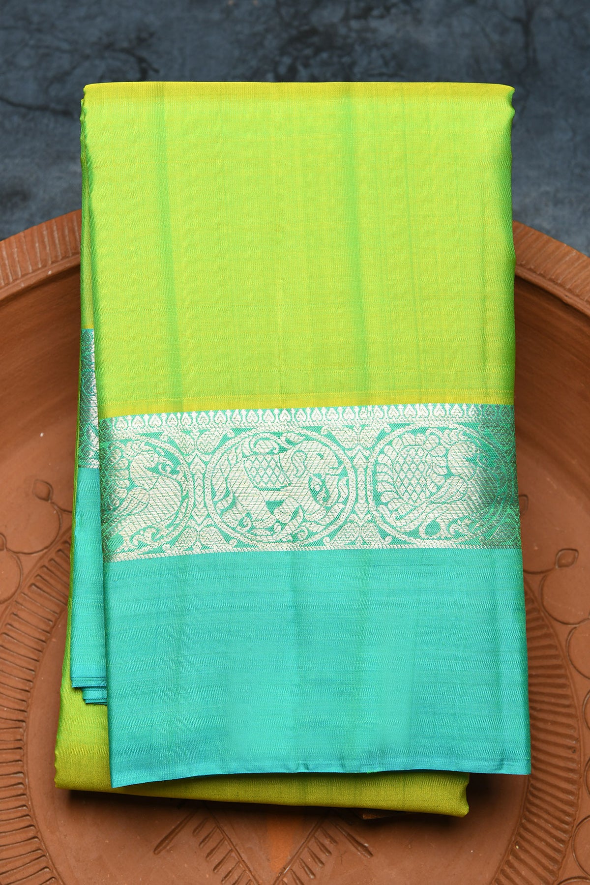 Silver Zari Border In Plain Pear Green Kanchipuram Silk Saree