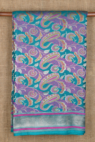 Silver Zari Border With Paisley Design Teal Green And Purple Banaras Silk Saree