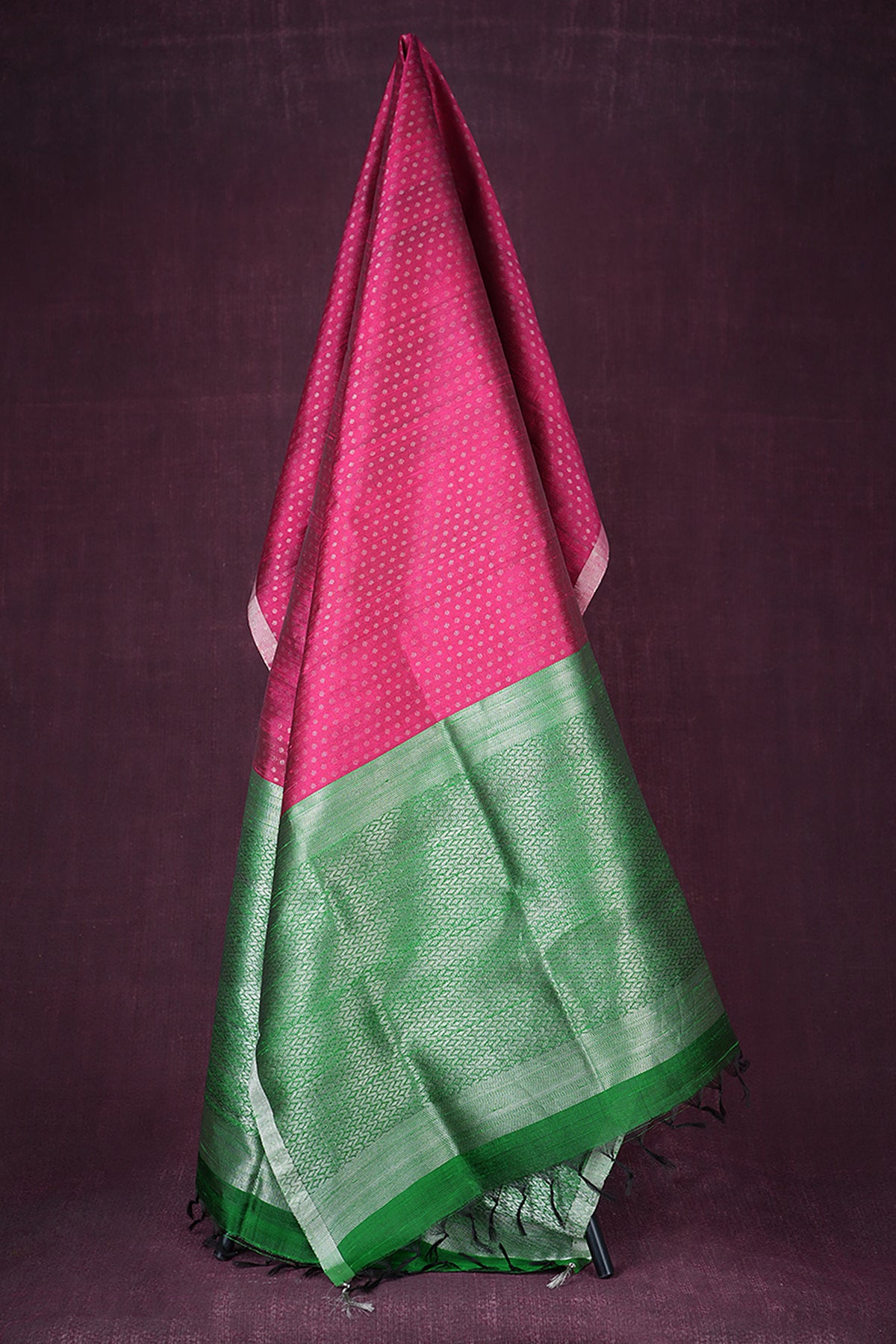 Silver Zari Polka Dots Punch Pink And Green Raw Silk Dupatta