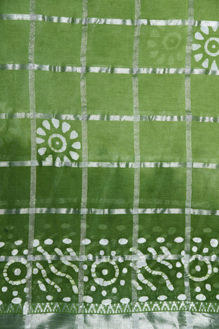 Small Zari Border With Checks Sage Green Batik Printed Ahmedabad Cotton Saree