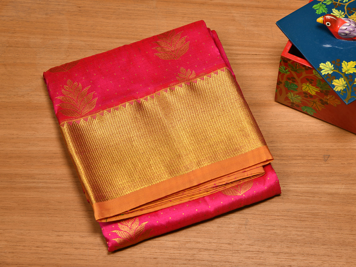 Zari Dots And Leaf Buttis Pink Kanchipuram Silk Pavadai Sattai Material