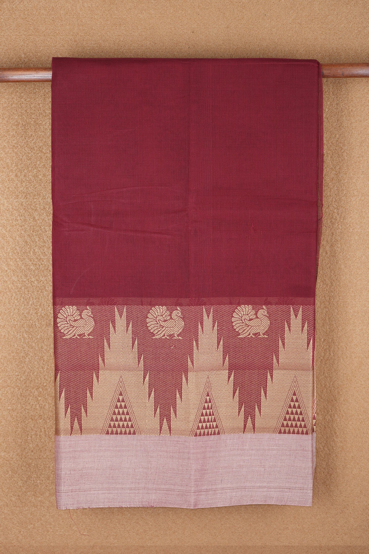 Temple And Peacock Threadwork Border Maroon Chettinadu Cotton Saree