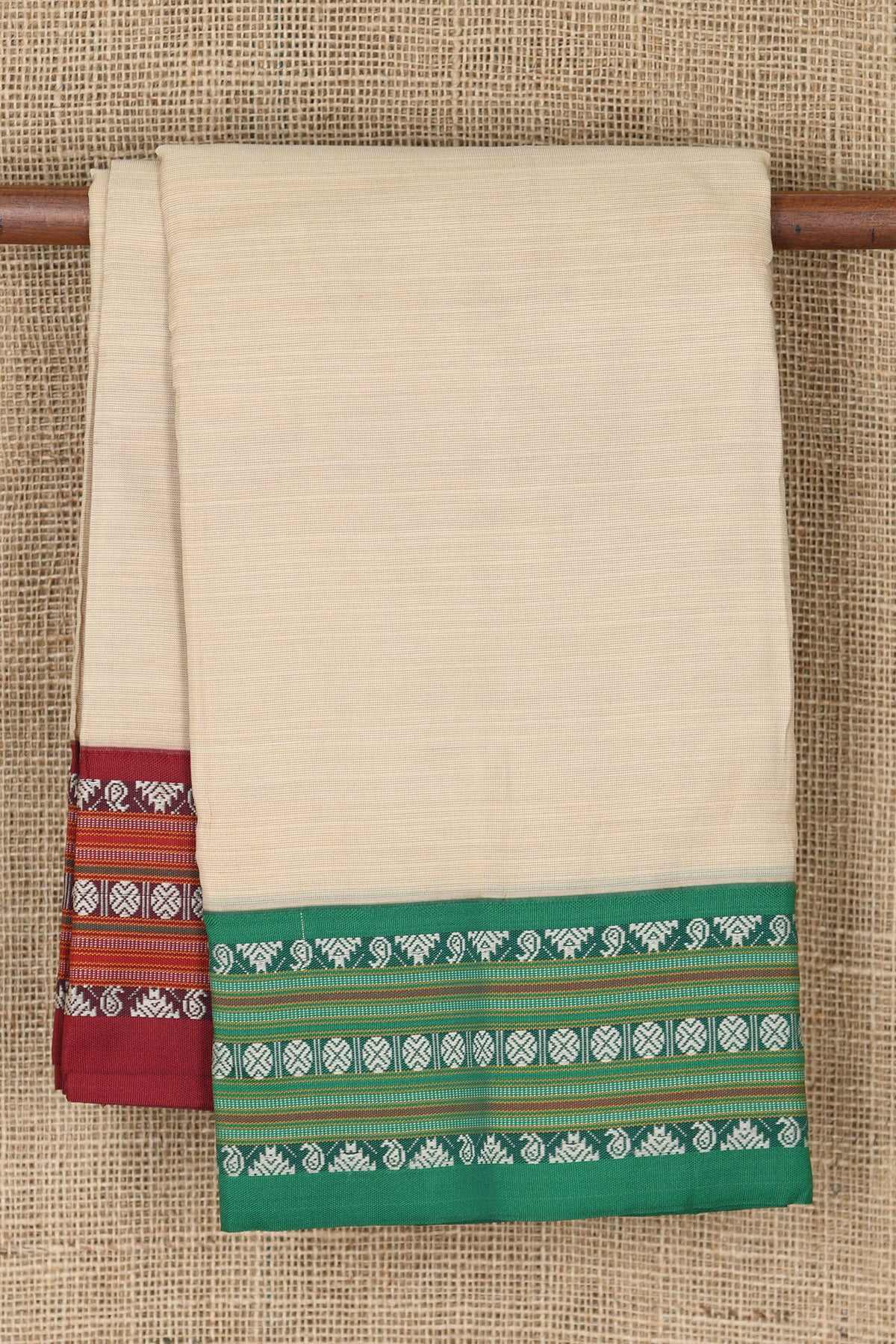 Thread Work Ganga Jamuna Border In Plain Ivory Dharwad Cotton Saree