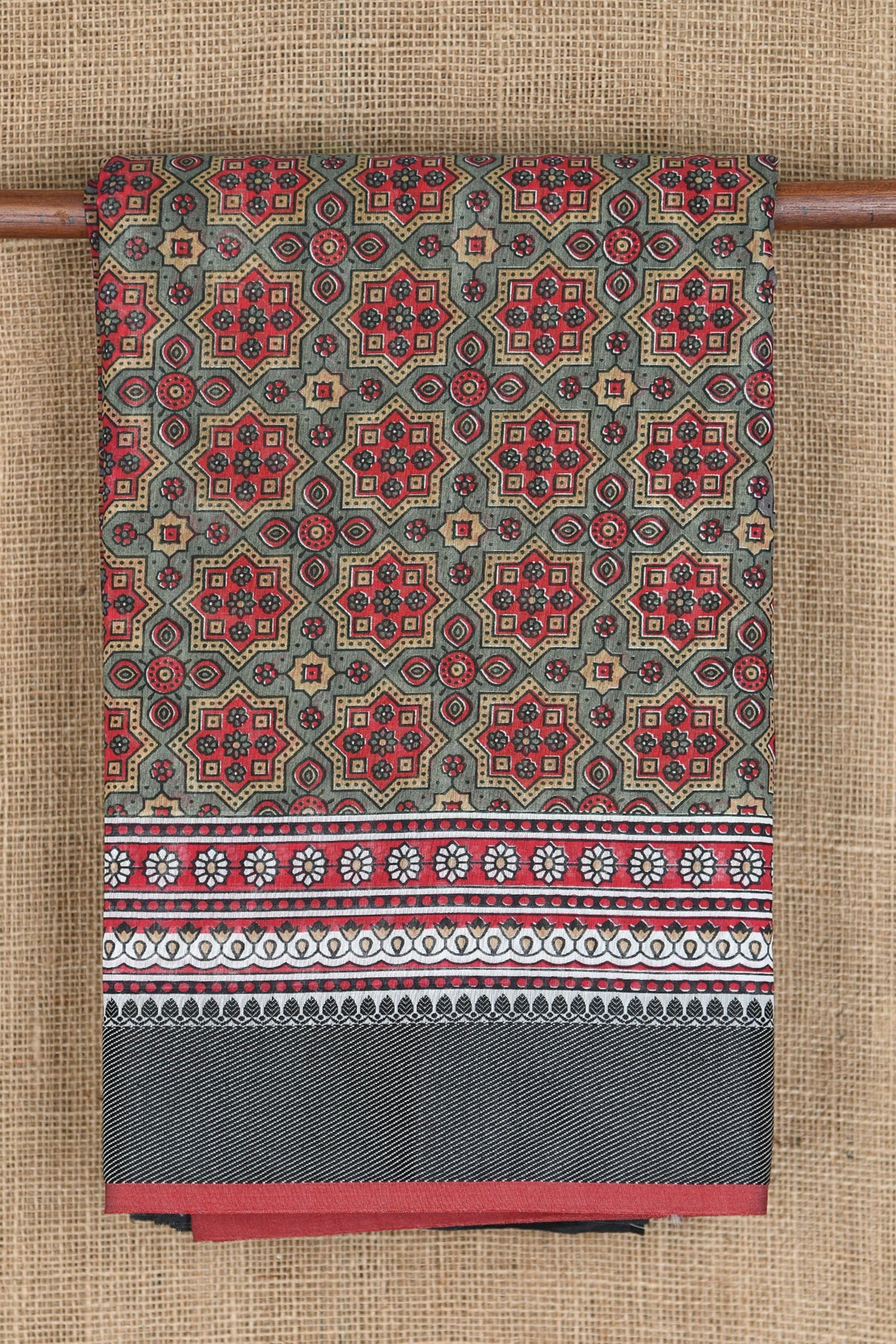 Thread Work Border With Geometric Pattern Grey Printed Chanderi Cotton Saree