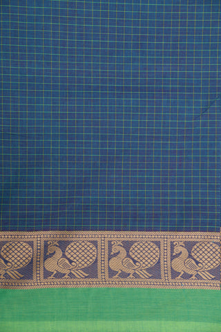 Thread Work Peacock Border In Checks Aegean Blue Chettinad Nine Yards Cotton Saree