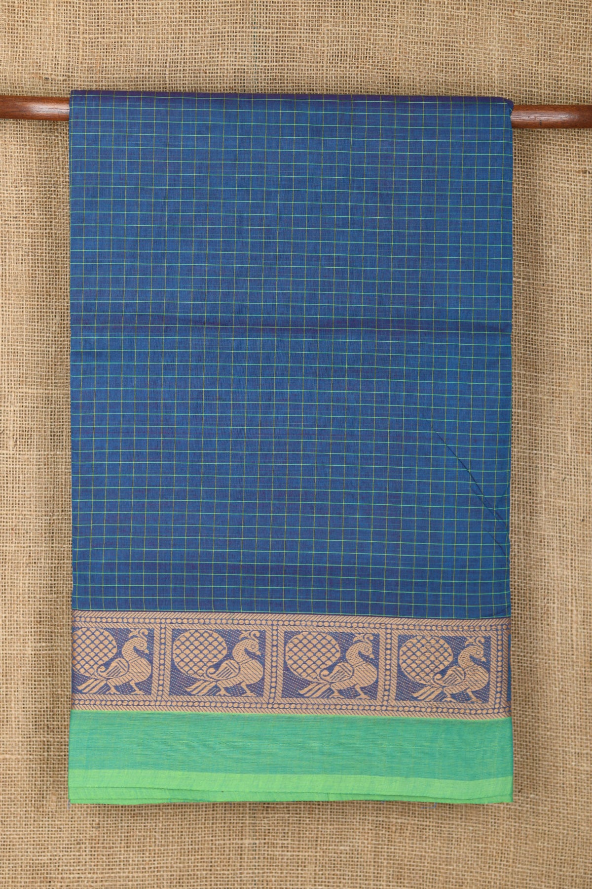 Thread Work Peacock Border In Checks Aegean Blue Chettinad Nine Yards Cotton Saree