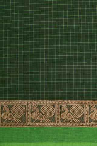 Thread Work Peacock Border In Checks Bottle Green Chettinad Nine Yards Cotton Saree