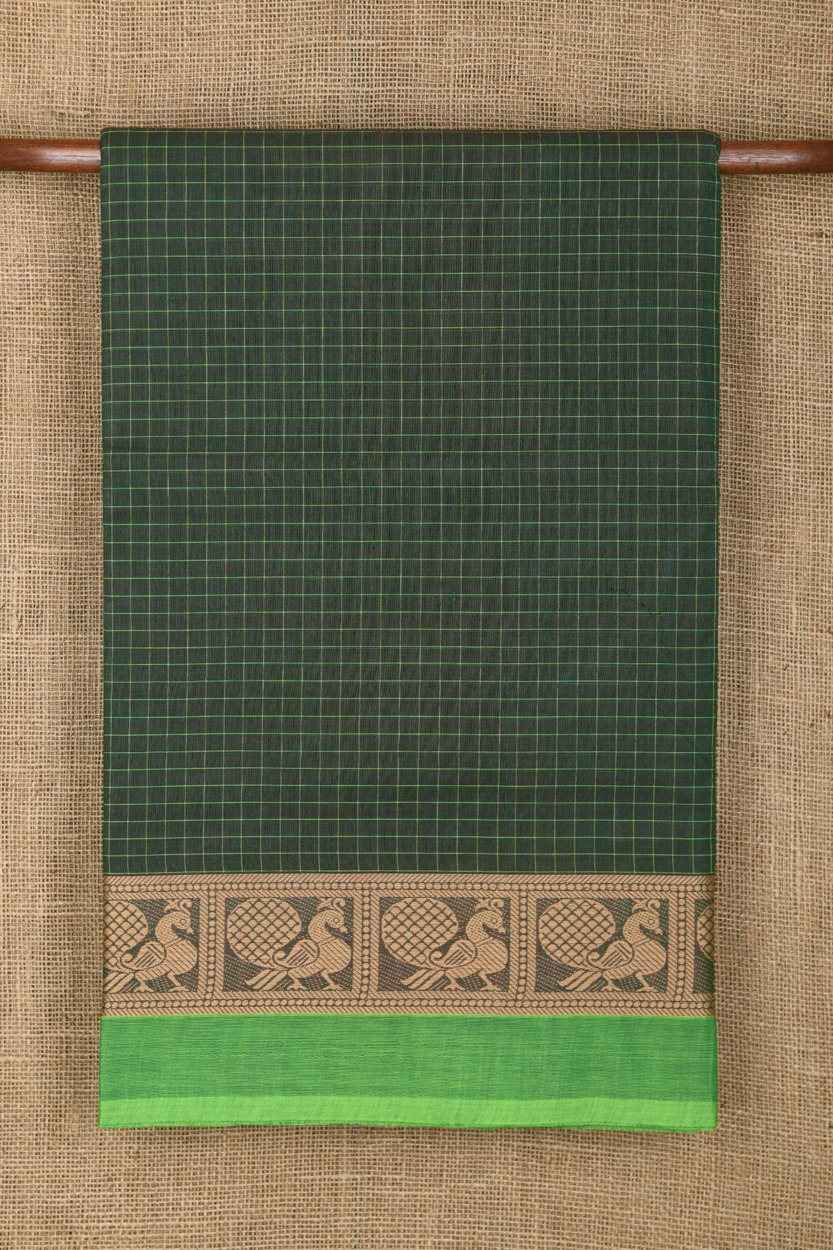 Thread Work Peacock Border In Checks Bottle Green Chettinad Nine Yards Cotton Saree