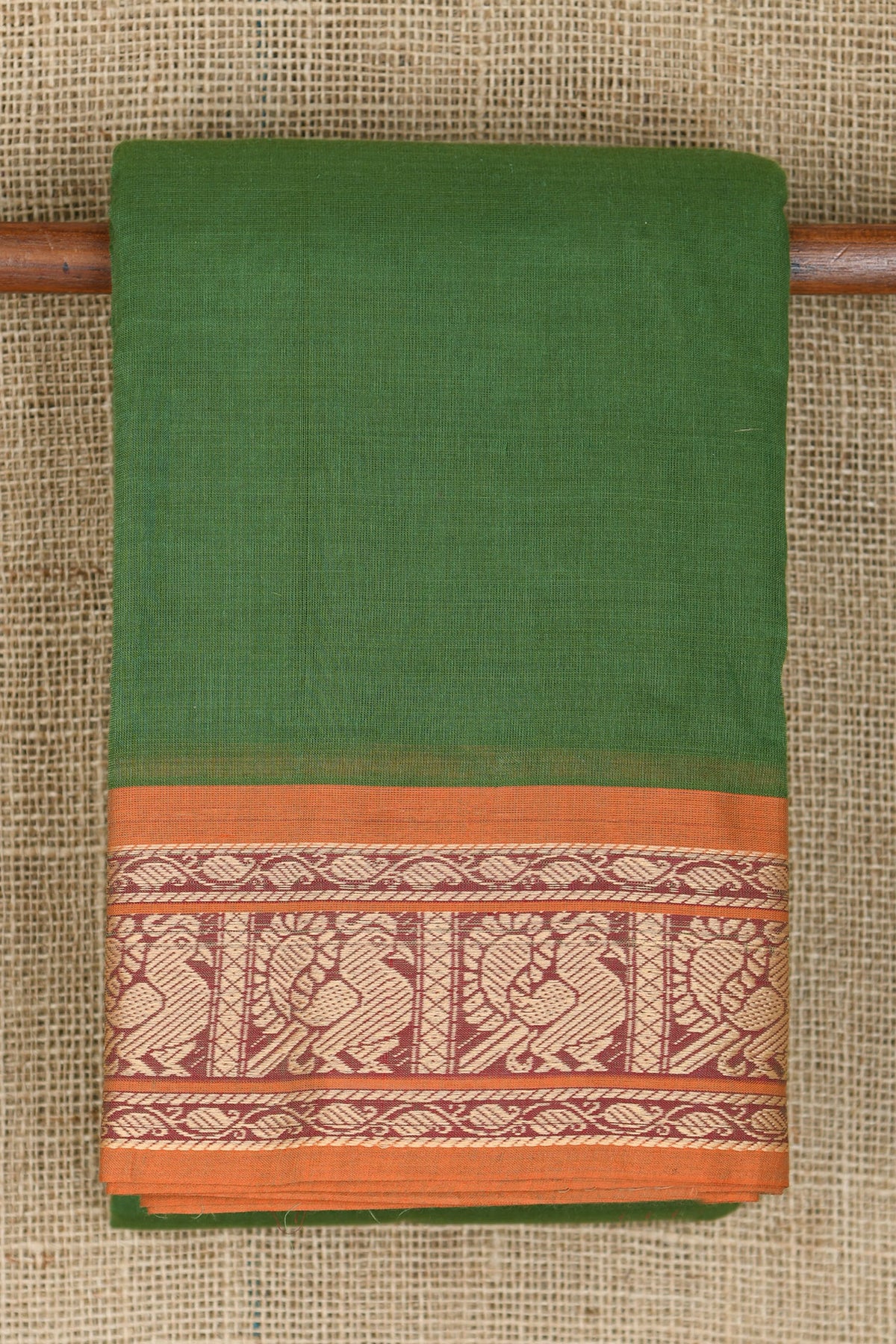 Thread Work Peacock Border In Plain Leaf Green Chettinad Cotton Saree