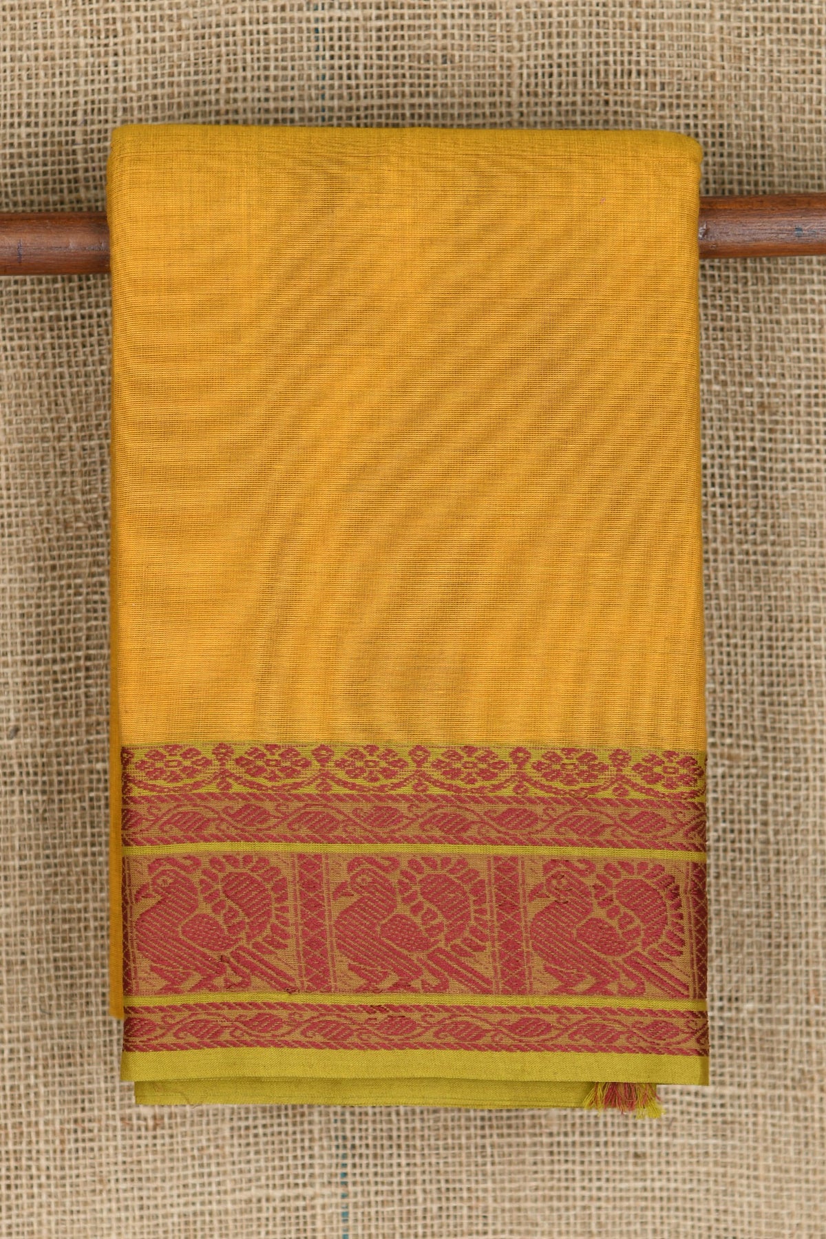 Thread Work Peacock Border In Plain Mustard Yellow Chettinad Cotton Saree