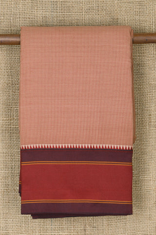 Thread Work Temple Border In Checked Biscuit Brown Dharwad Cotton Saree