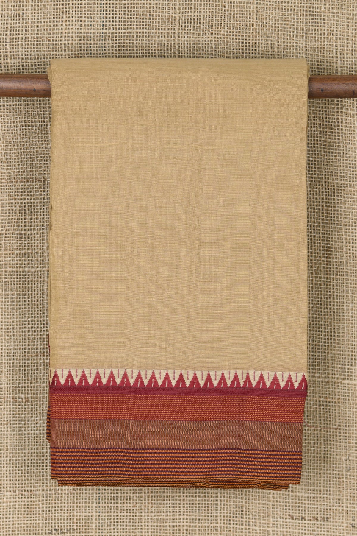 Thread Work Temple Border In Plain Beige Dharwad Cotton Saree