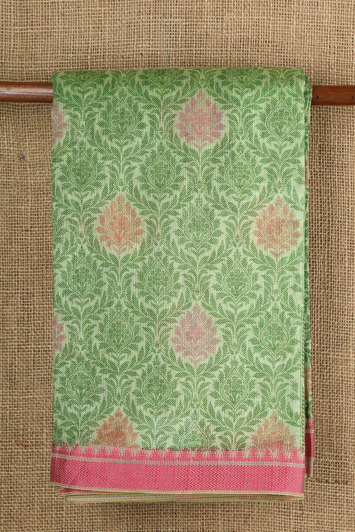 Thread Work Zig Zag Border With Allover Floral Design Green Semi Kota Cotton Saree