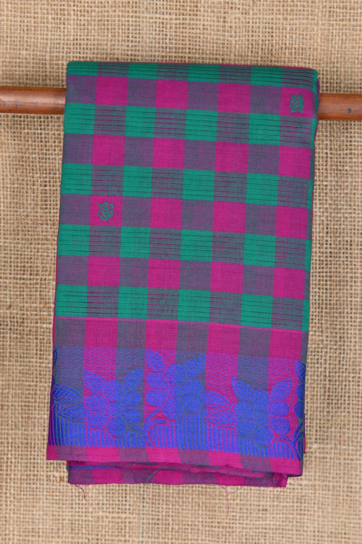 Thread Work Flower Border With Checks And Bindi Butttis Green And Purple Chettinadu Cotton Saree