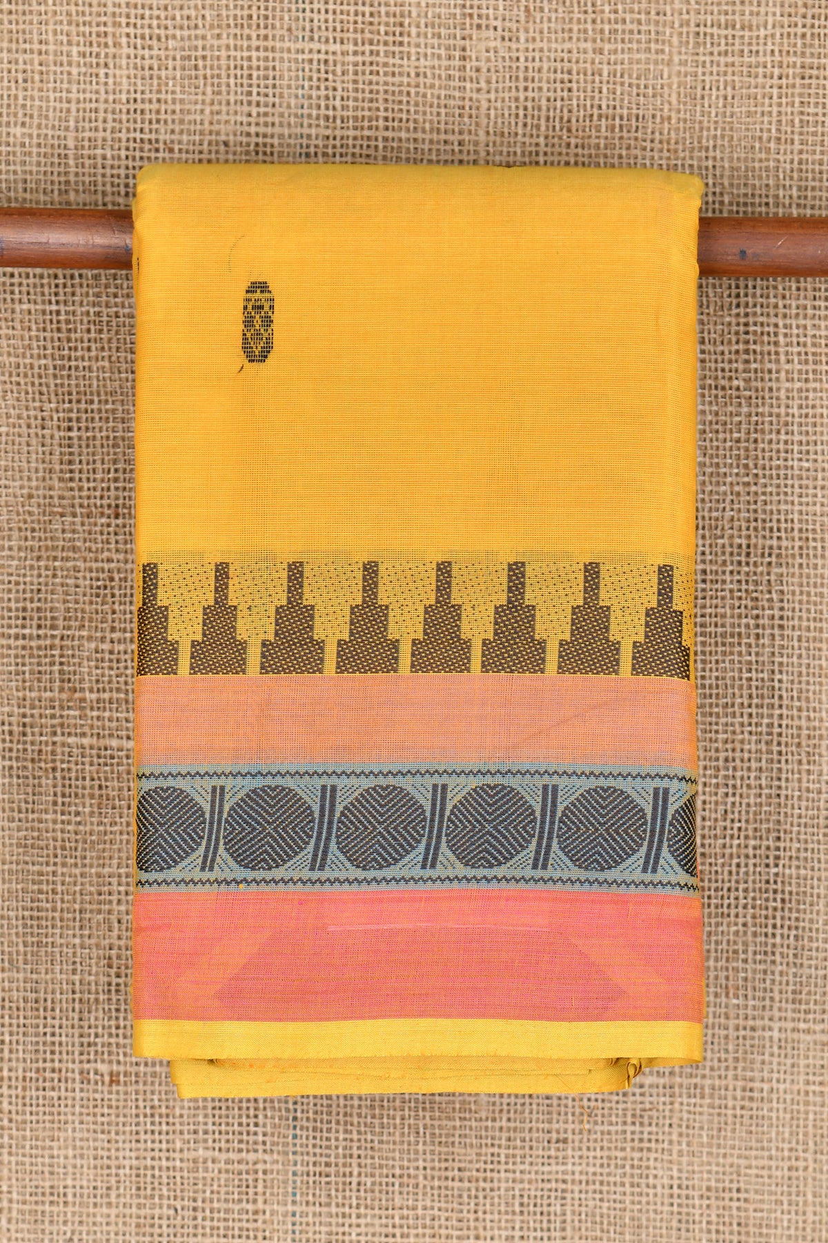 Thread Work Rudraksh And Temple Border With Buttis Banana Yellow Chettinadu Cotton Saree