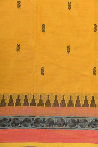 Thread Work Rudraksh And Temple Border With Buttis Banana Yellow Chettinadu Cotton Saree