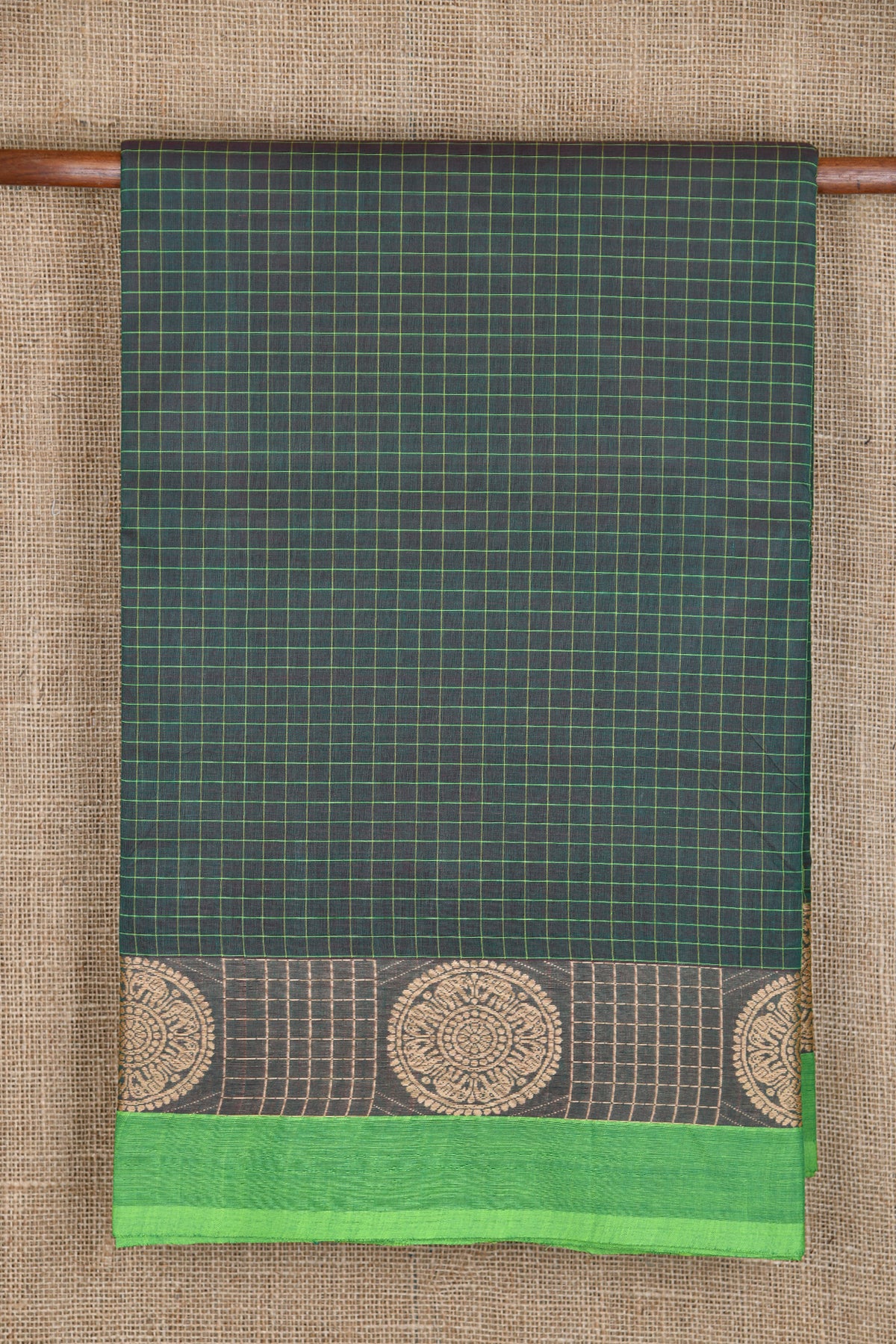 Thread Work Traditional Mandala Design Border With Checks Leaf Green Nine Yards Chettinadu Cotton Saree