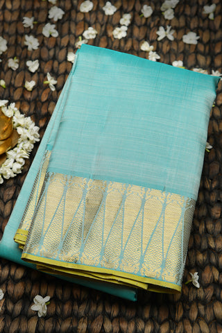 Traditional Border Double Pallu Turquoise Green Kanchipuram Silk Saree