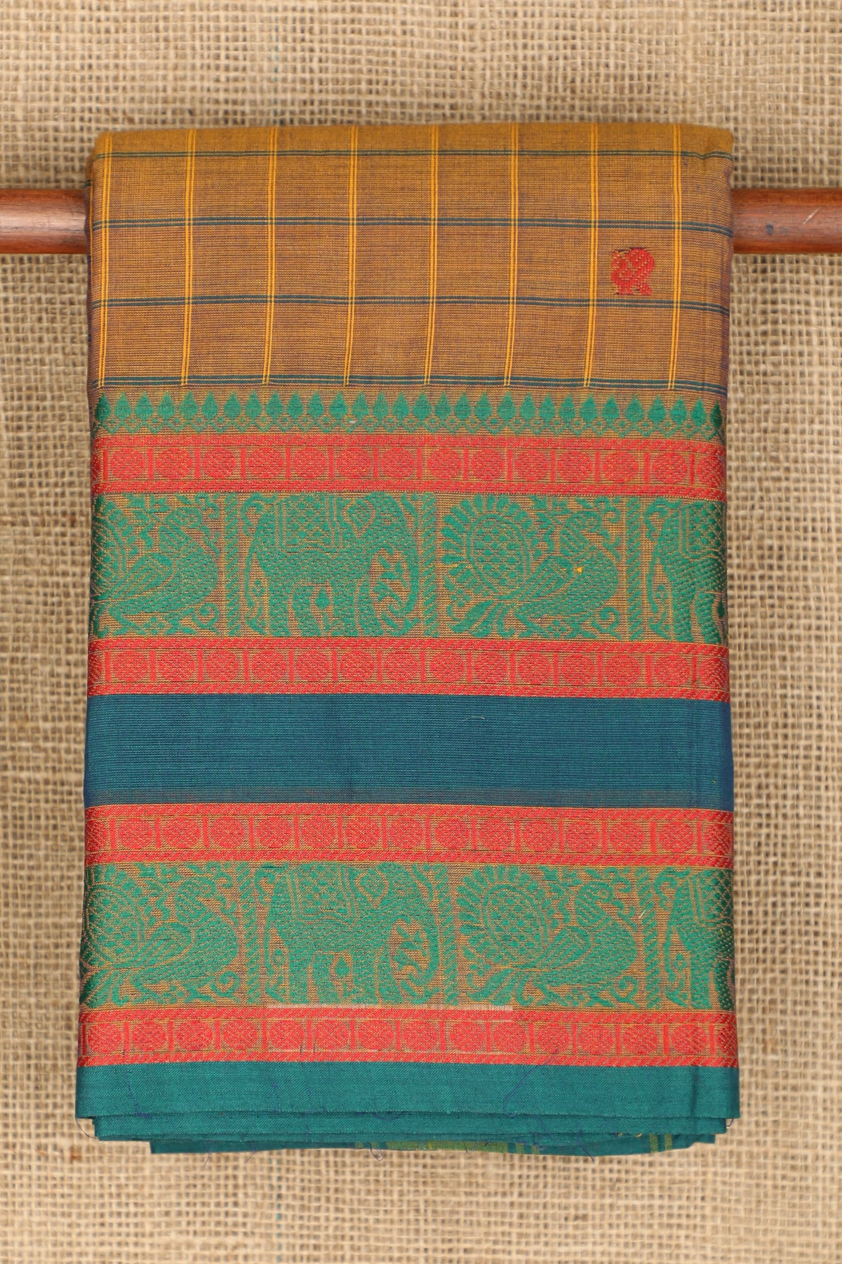 Traditional Thread Work Big Border With Checks And Buttis Brown Chettinadu Cotton Saree