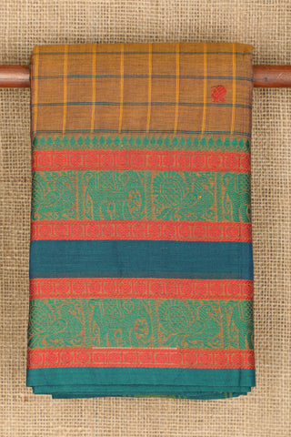 Traditional Thread Work Big Border With Checks And Buttis Brown Chettinadu Cotton Saree