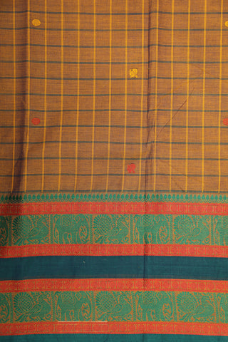 Traditional Thread Work Big Border With Checks And Buttis Brown Chettinadu Cotton Saree