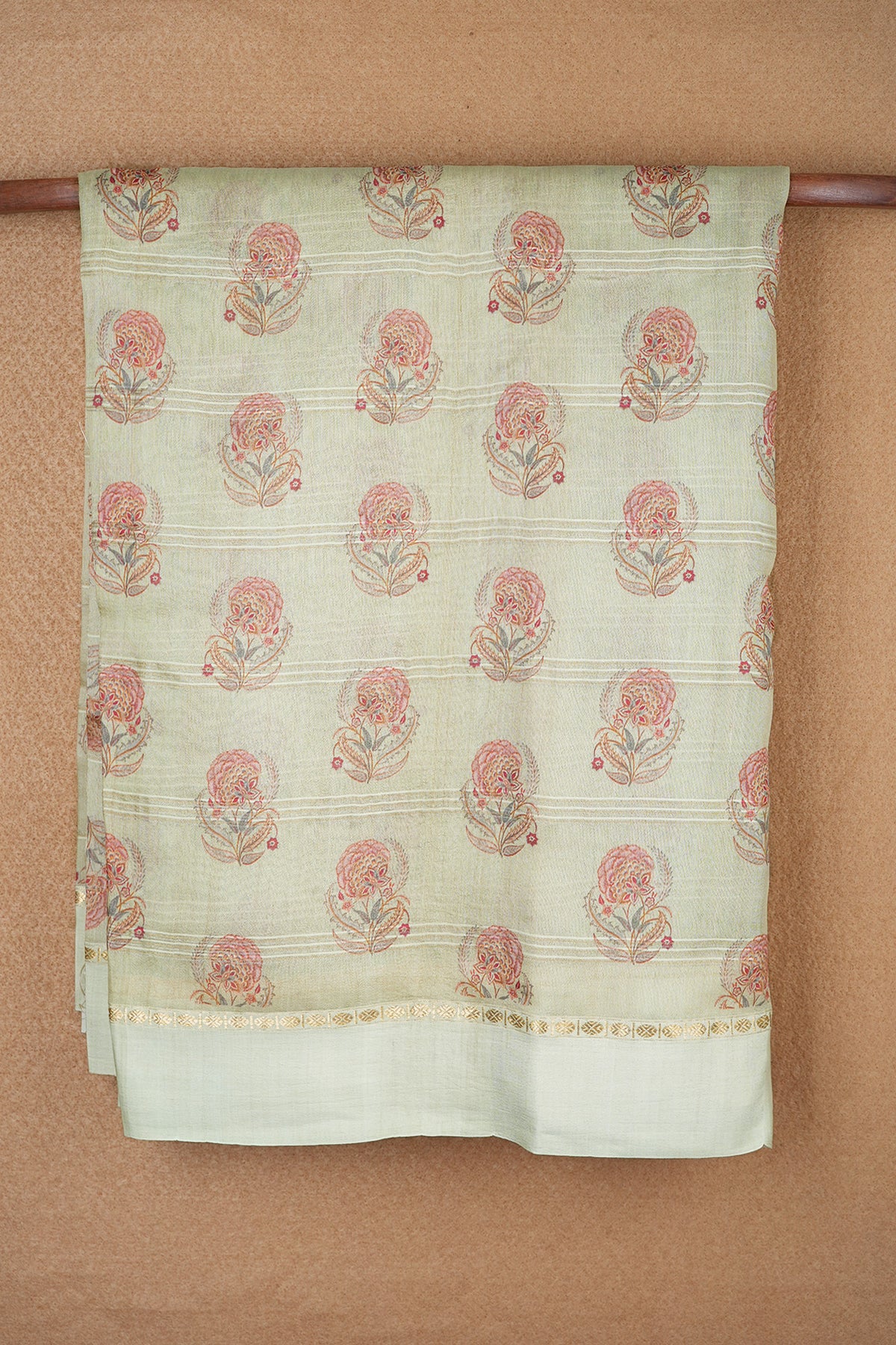 Allover Floral Buttas With Gold Zari Stripes Border Light Pear Green Tussar Silk Saree