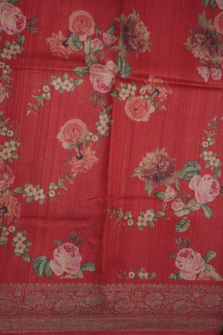 Botanical Digital Printed With Zari And Threadwork Border Rust Red Tussar Silk Saree